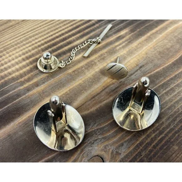Vintage Retro 60’s Men’s Gold Striped Oval Cufflinks & Tie Pin Set Gift - Picture 4 of 5